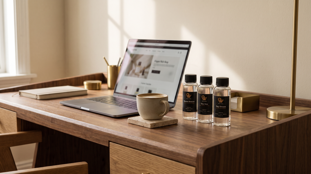 Laptop mit einem Online-Duftshop neben drei Pip & Wells Duftölen und einer Tasse Kaffee