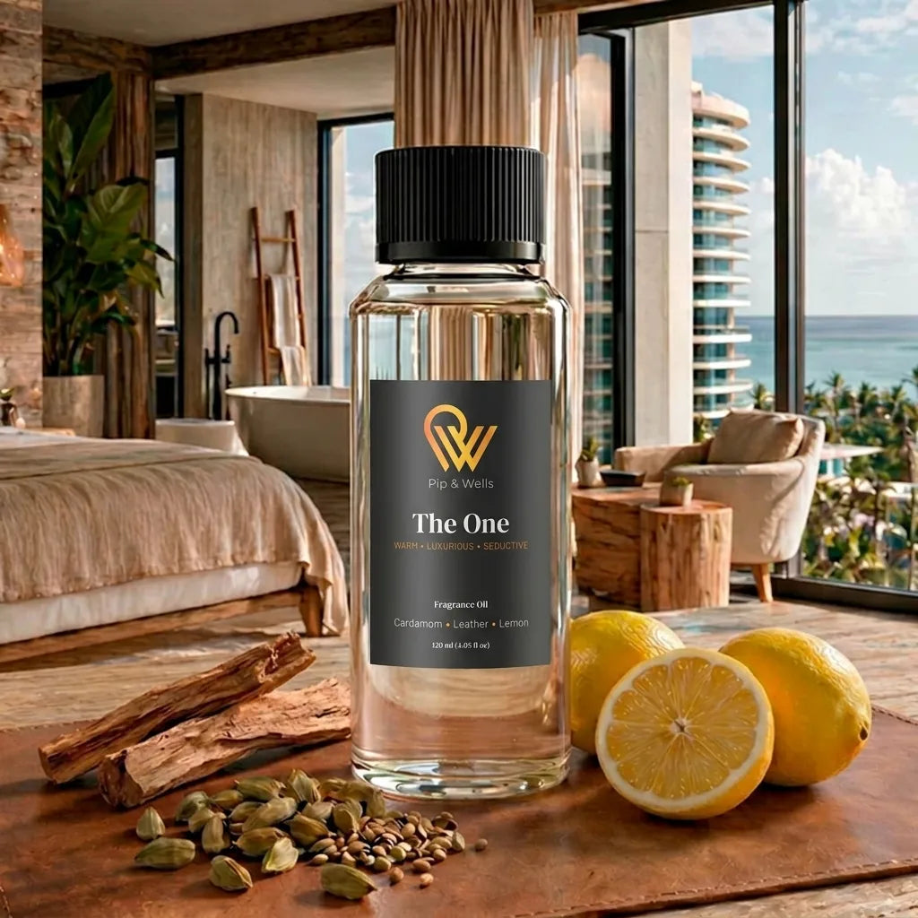 Fragrance oil bottle labeled 'The One' on a wooden surface with lemons and cardamom, in a stylish room with ocean view.