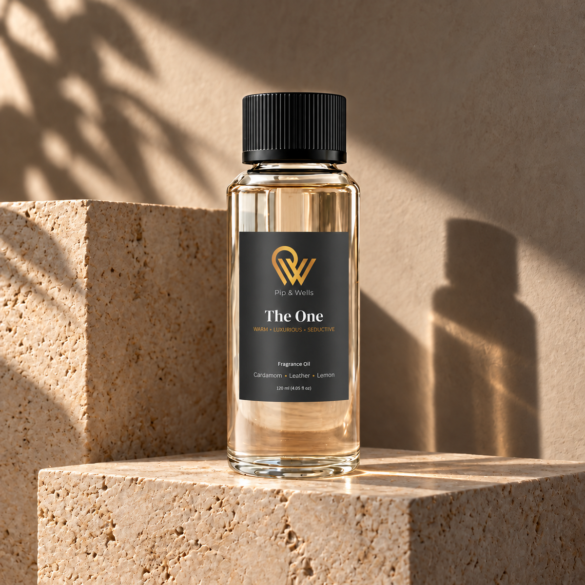 120 ml Flasche Pip & Wells The One Duftöl auf skulpturalen Steinblöcken in warmem Sonnenlicht