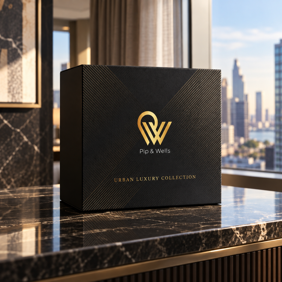 Schwarze Pip & Wells Urban Luxury Collection Geschenkbox auf einer Marmorkonsole mit Blick auf die Stadt