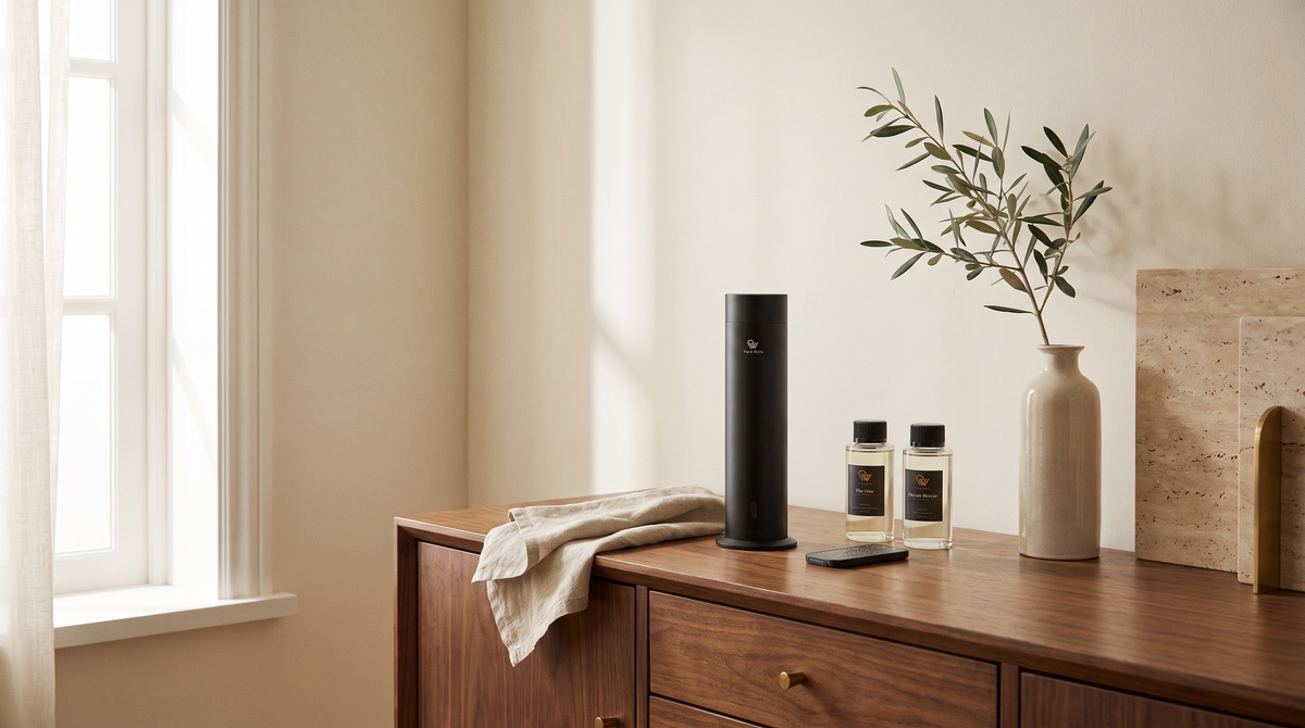 Wasserloser Pip & Wells Pure One Diffusor in Matte Black auf einem Walnuss-Sideboard mit Fernbedienung und Duftölen