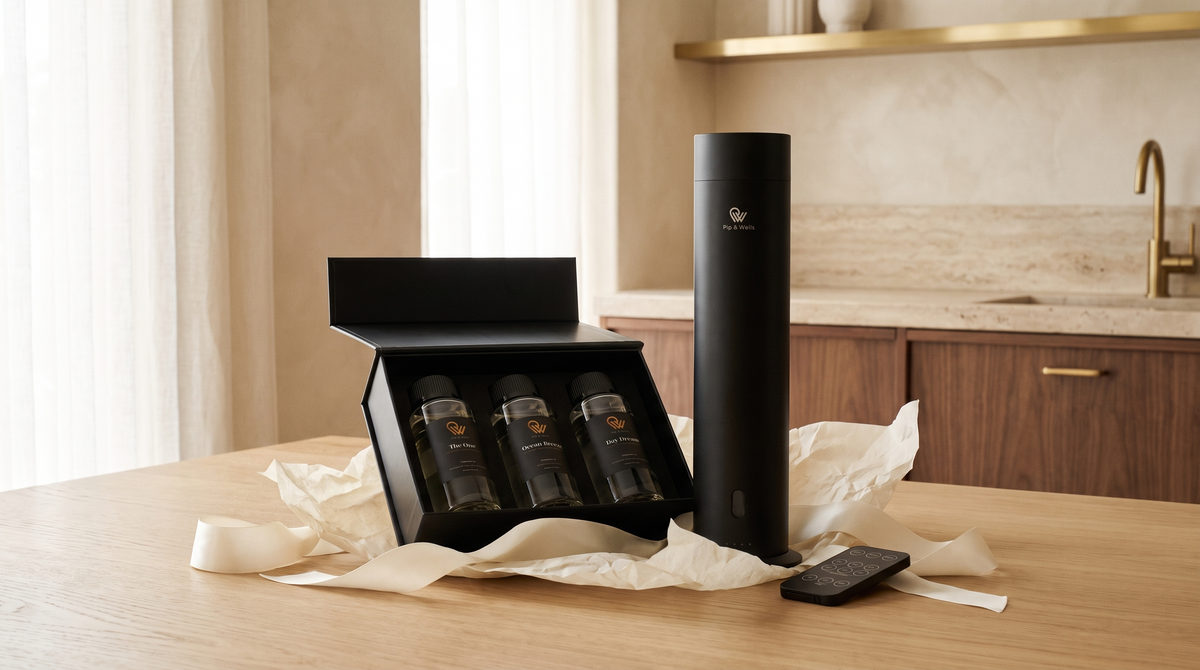 Ausgepacktes Pip & Wells Geschenkset mit Pure One Diffusor in Matte Black und drei Hotel-Duftölen auf einem Eichentisch