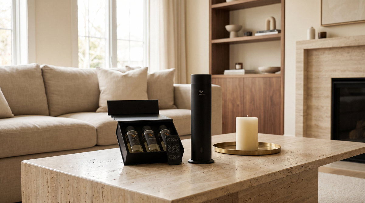 Pure One Diffusor in Matte Black neben einer elfenbeinfarbenen Stumpenkerze auf einem Couchtisch aus Travertin