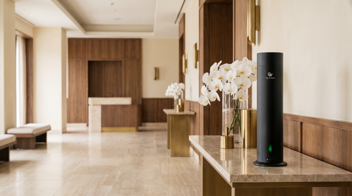 Pure One Diffusor in Matte Black mit weißen Orchideen auf einer Marmorkonsole in der Lobby eines Luxushotels