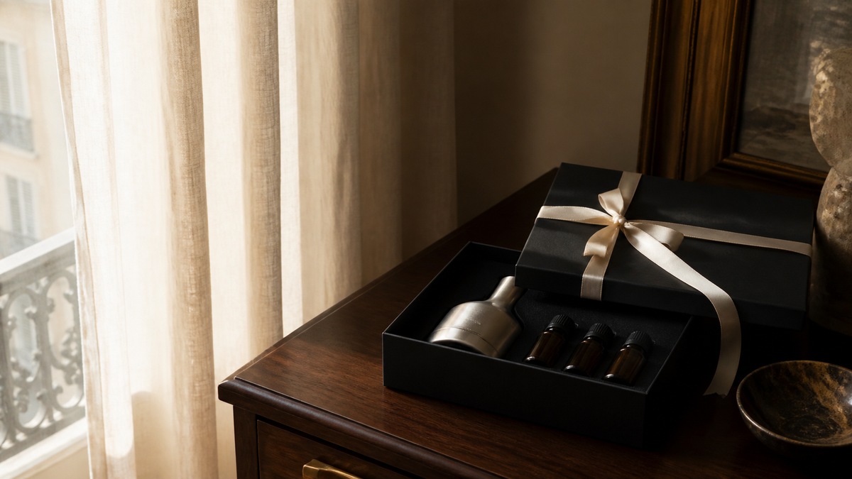 Elegantes Raumduft-Geschenkset mit silberfarbenem Duftdiffusor und bernsteinfarbenen Duftflaschen