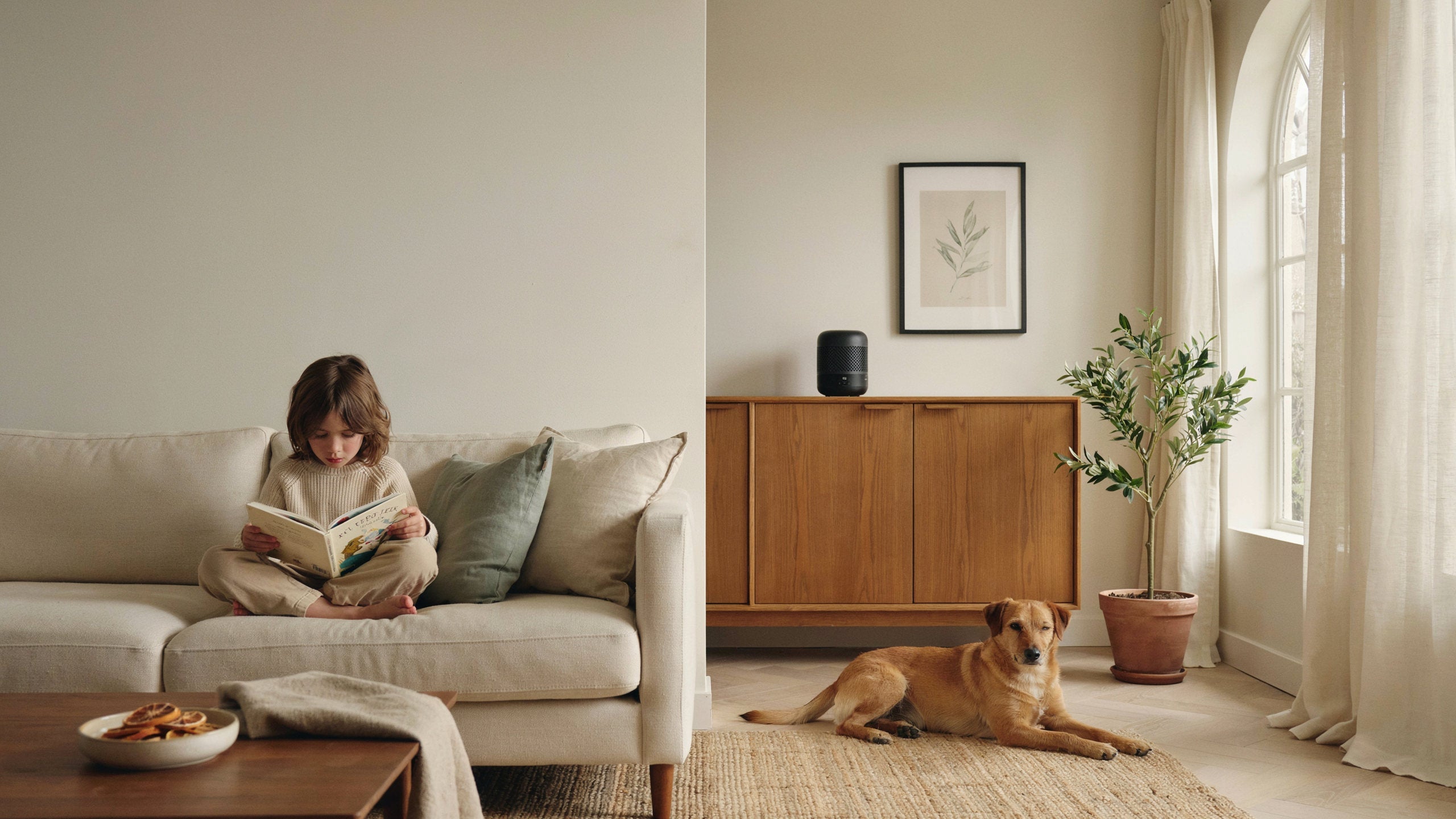 Child and dog in a calm living room with a waterless scent diffuser positioned safely on a high sideboard.