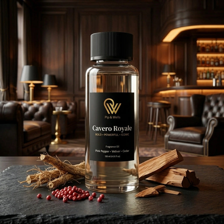 Pip & Wells Cavero Royale, Duftöl 120 ml, Flasche mit dargestellten Duftnoten