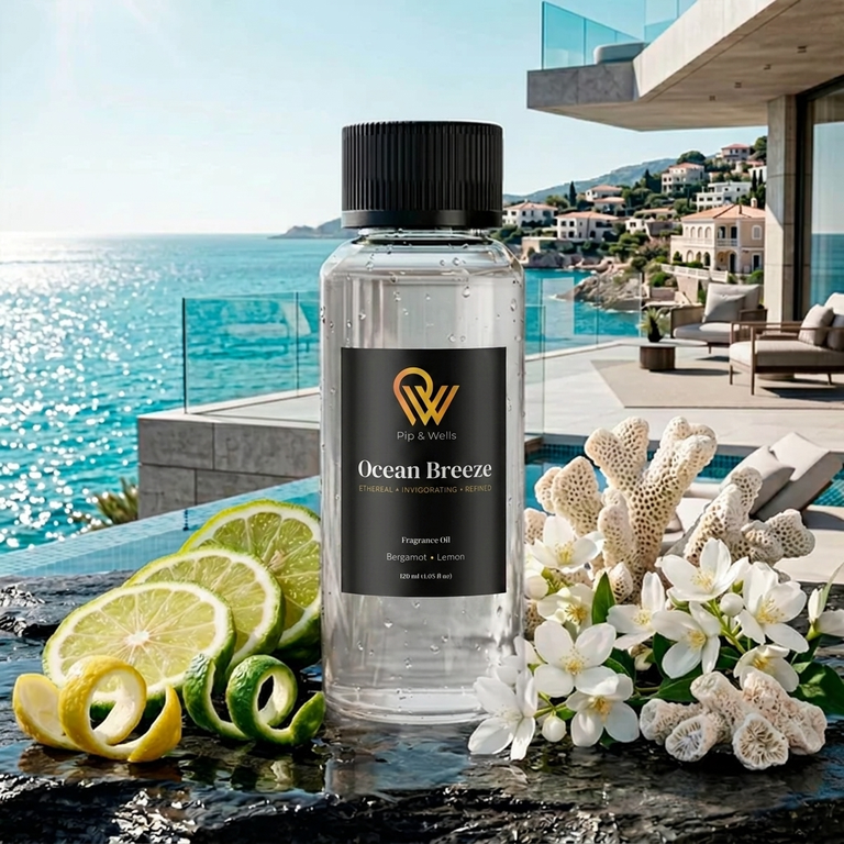 Pip & Wells Ocean Breeze, Duftöl 120 ml, Flasche mit dargestellten Duftnoten