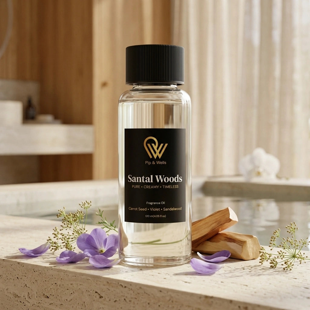 Bottle of Santal Woods fragrance oil on a wooden surface with flowers and wooden sticks.