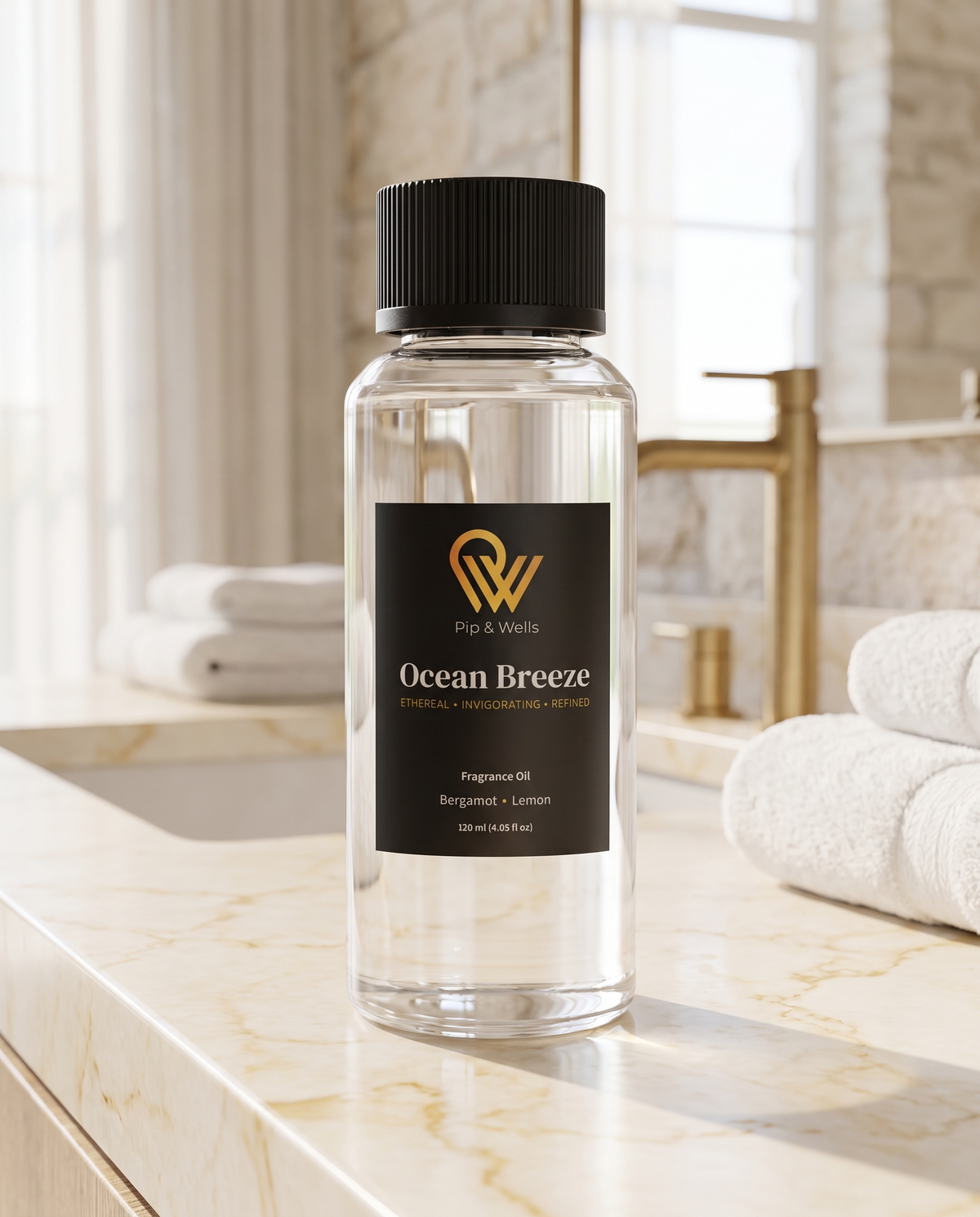 Flasche Pip & Wells Ocean Breeze Duftöl, 120 ml, auf einem Marmorwaschtisch in einem Badezimmer im Hotelstil