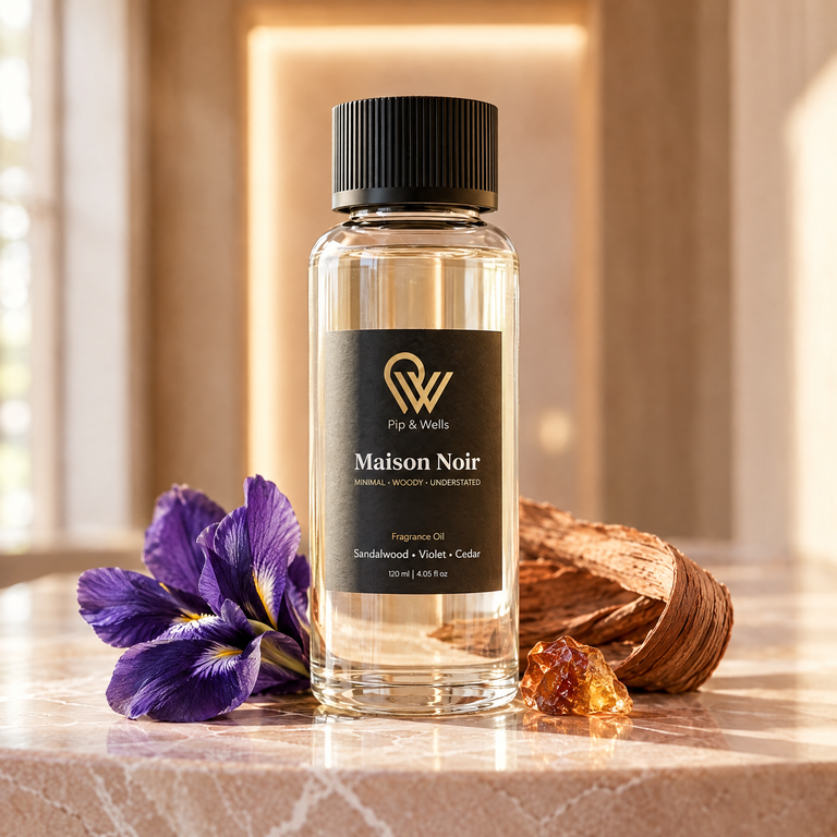 Pip & Wells Maison Noir, Duftöl 120 ml, Flasche mit dargestellten Duftnoten
