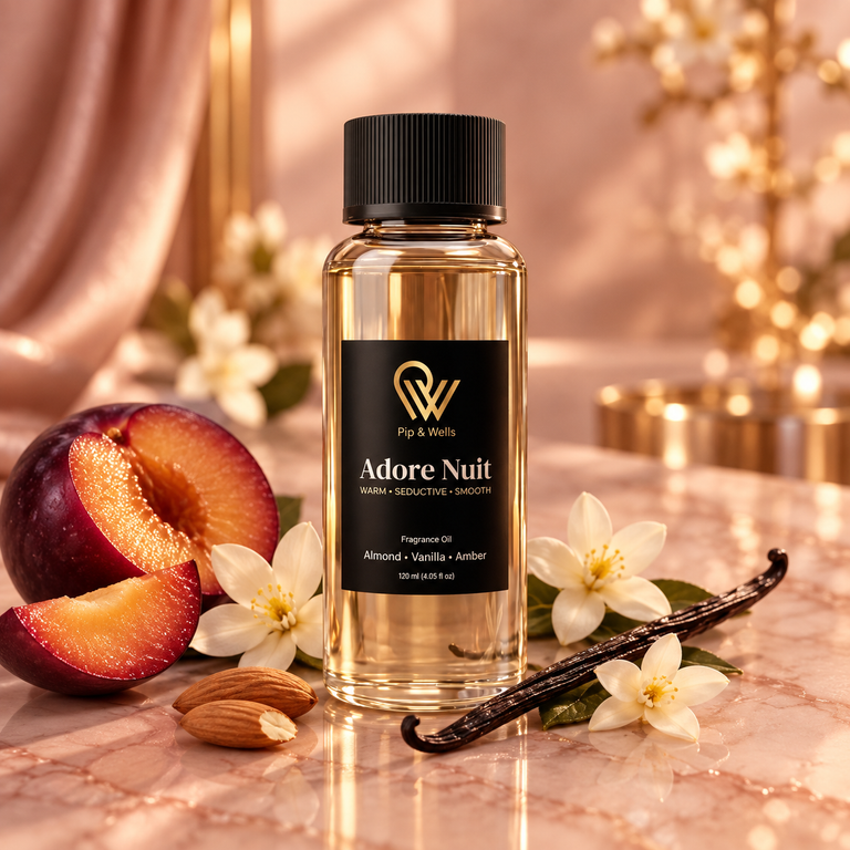 Pip & Wells Adore Nuit, Duftöl 120 ml, Flasche mit dargestellten Duftnoten