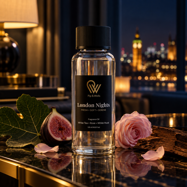 Pip & Wells London Nights, Duftöl 120 ml, in einem sanft beleuchteten Interieur am Abend