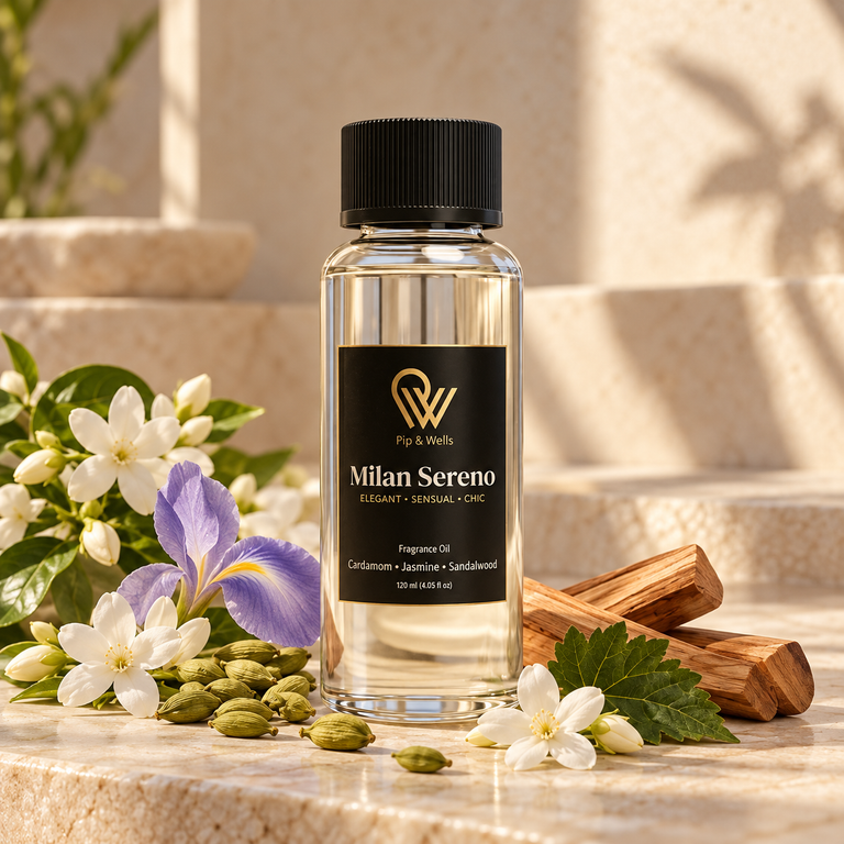 Pip & Wells Milan Sereno, Duftöl 120 ml, Flasche mit dargestellten Duftnoten